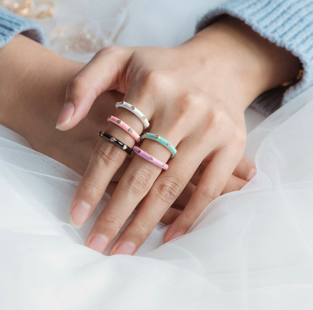 CZ pave Colorful Enamel Ring, Gold Stackable Ring,