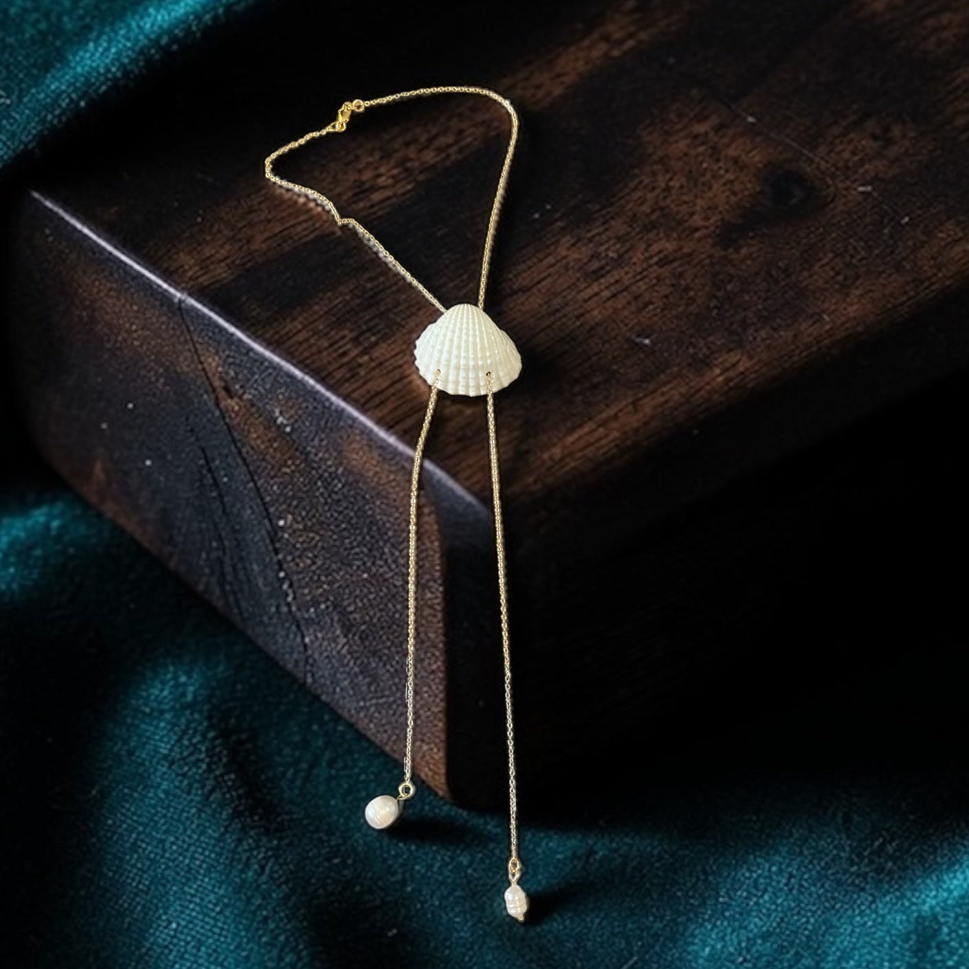 Tidefall Bolo Necklace – Adjustable Shell Necklace with Pearl Detail (23”)